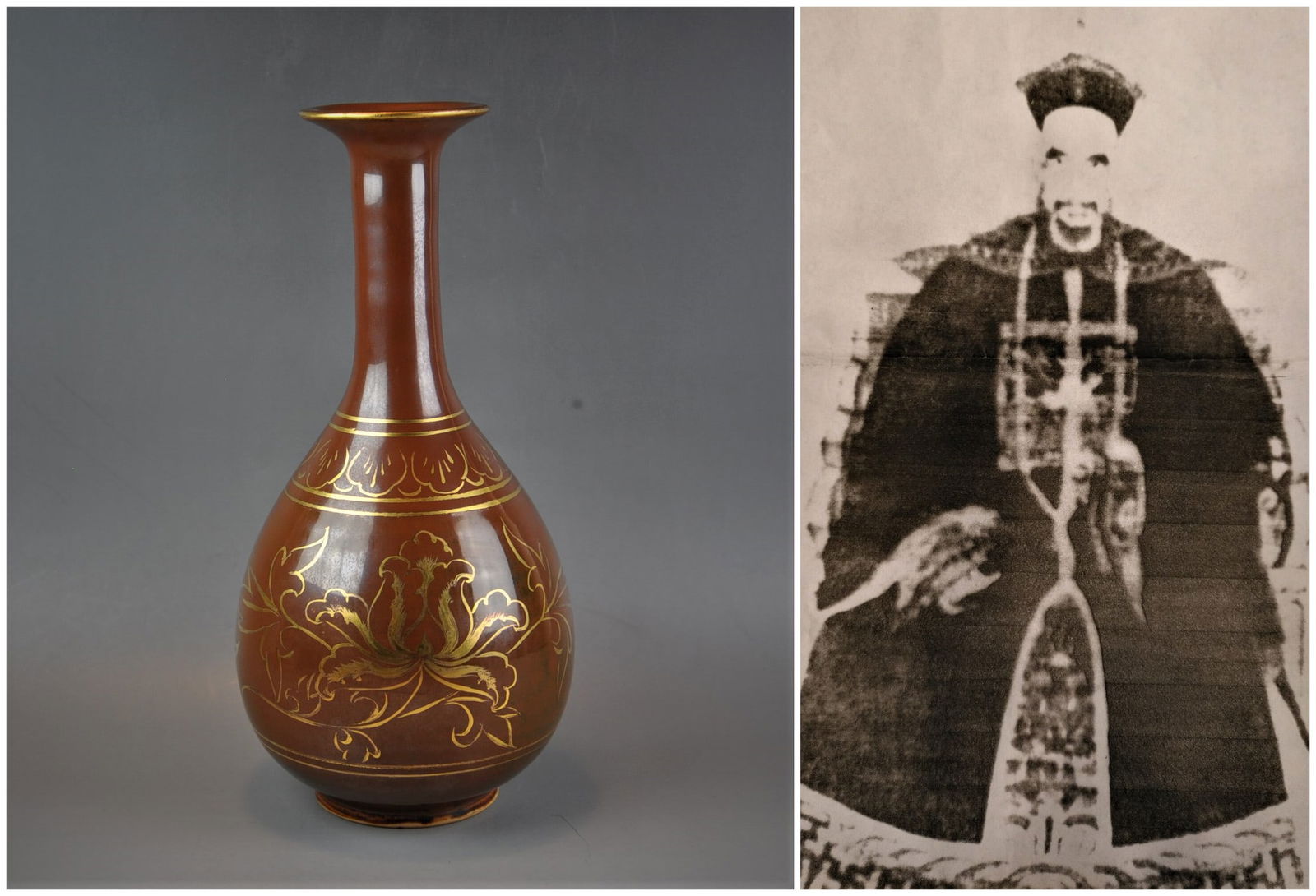 Chinese Ding-yao gilt brown-glazed porcelain vase: Chinese Ding-yao gilt brown-glazed porcelain vase, with AI detectionApprox. H 24.5 x W 11.5 cm(H 9.64 x W 4.52 inches)Provenance: Property from the private Jian family collection. Chengrong Jian (1856