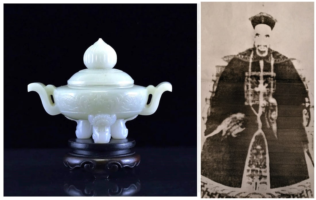 Chinese hetian white jade carved censer with lid: Chinese hetian white jade carved censer with lidApprox. H 14.8 x W 15.5 cm(H 5.82 x 6.1 inches)Weight 708 gramsProvenance: Property from the private Jian family collection. Chengrong Jian (1856-1936)