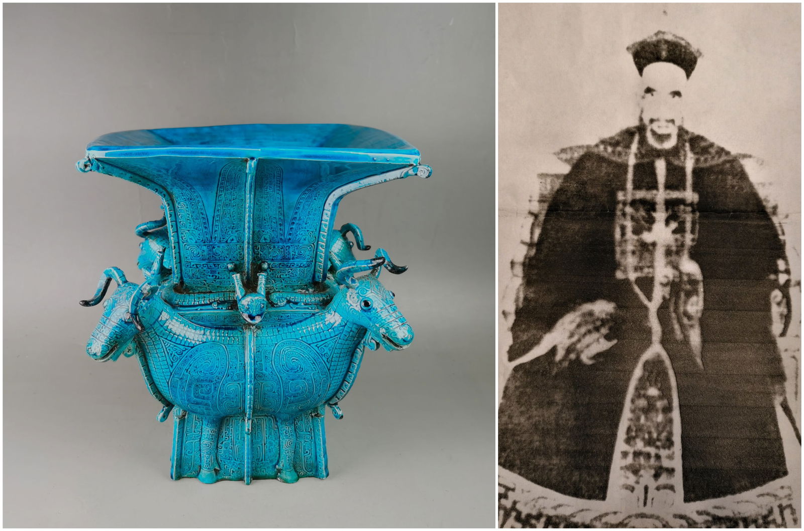 Chinese peacock blue glazed four sheep head porcelain zun: Chinese peacock blue glazed four sheep head porcelain zun (one horn broken) Approx. H 20 x W 17.5 cm(H 7.87 x W 6.88 inches)Provenance: Property from the private Jian family collection. Chengrong Jian