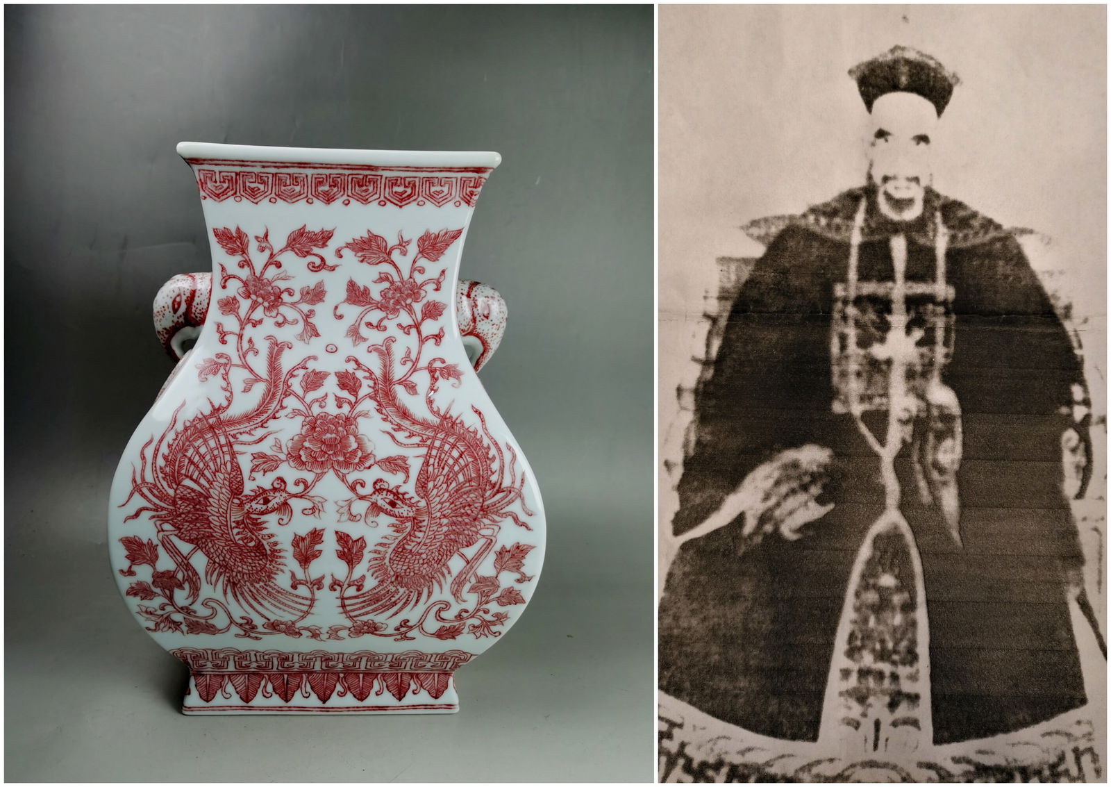 Chinese red glazed double eared porcelain vase: Chinese red glazed double eared porcelain vase, with AI detection Approx. H 27 x W 19.5 cm(H 10.6 x W 7.67 inches)Provenance: Property from the private Jian family collection. Chengrong Jian