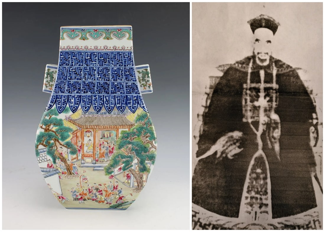 Chinese blue and famille rose double eared porcelain vase: Chinese blue and famille rose double eared porcelain vase, with AI detection Approx. H 34.5 x W 21 cm(H 13.6 x W 8.26 inches)Provenance: Property from the private Jian family collection. Chengrong