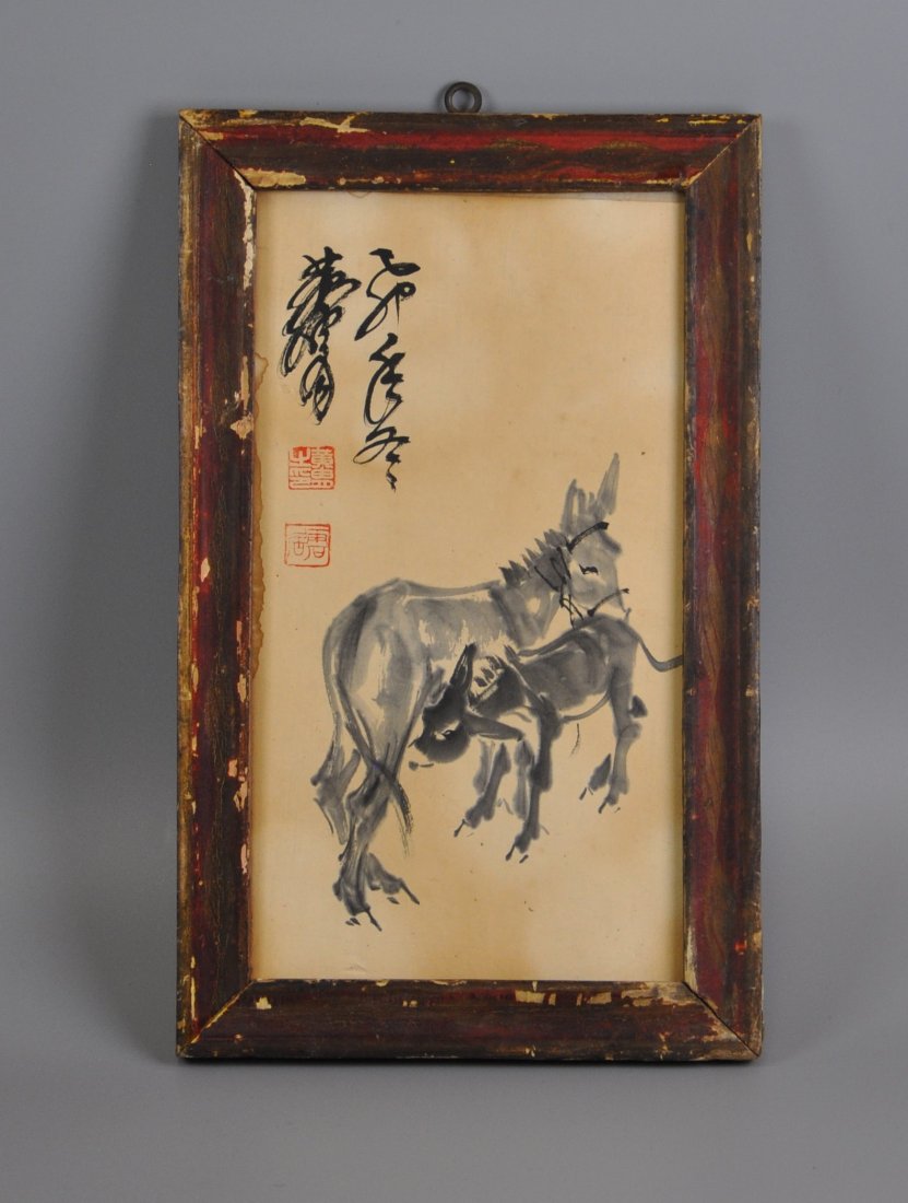 Chinese framed color painting: Chinese framed color painting painted with donkey by huang zhou, 25x14cm 黄胄二驴图 水墨镜心 25X14厘米