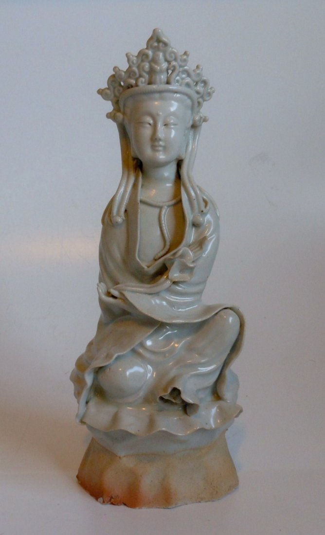 A Chinese antique celadon porcelain Guanyin: A Chinese antique celadon porcelain Guanyin, 28cm H
