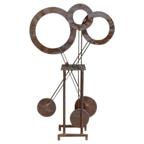 Large Mid-century Patinated Metal Kinetic Sculpture: A fun and whimsical large kinetic metal sculpture. Scuffs to framework and backs. 24.0ʺW × 18.5ʺD × 68.0ʺH
