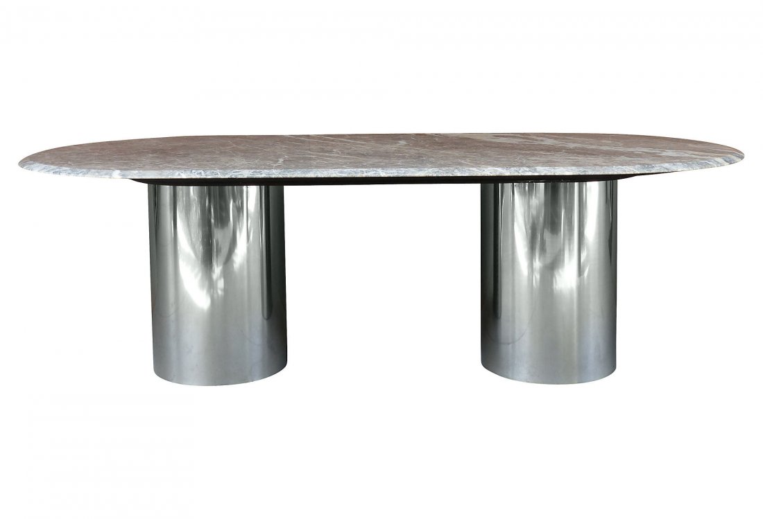Double-Pedestal Marble Dining Table Attr. Brueton: Oval dining or conference table attributed to Brueton. With veined gray and white marble top suspended by two chrome plated metal and wood cylinders. A large, substantial impressive table in vintage c