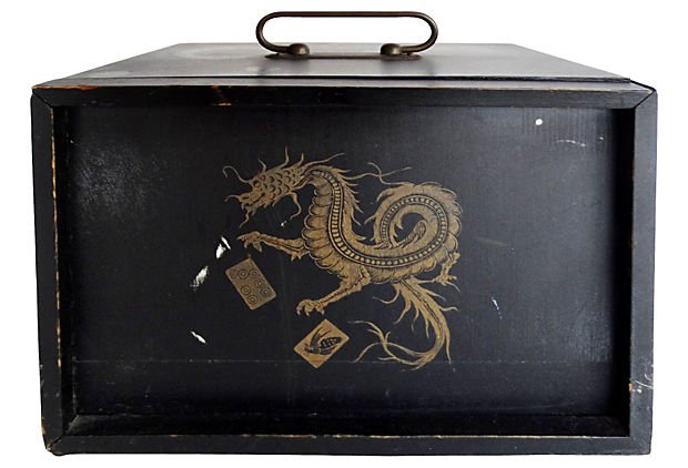 Chinese Export Bone Majong Set: Vintage Chinese export Majong set with bone tiles in a five-drawer ebonized wood box. Each drawer is complete with tiles; additional pieces and manual included. Some light finish wear. 9.5" L x 7" W x