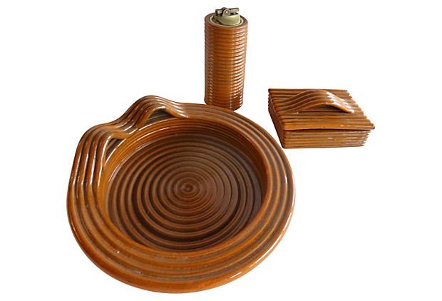 Raymor Ceramic Smoking Set, S/3: Hand-built ceramic three-piece smoking set by Raymor of Italy. Retains original labels. Ashtray, 8.75"Dia x 3.5"H; lighter, 2.5" Dia x 8.75"H; box, 5"L x 3.5"W x 3.5"H. 8.75" W x 3.5" H