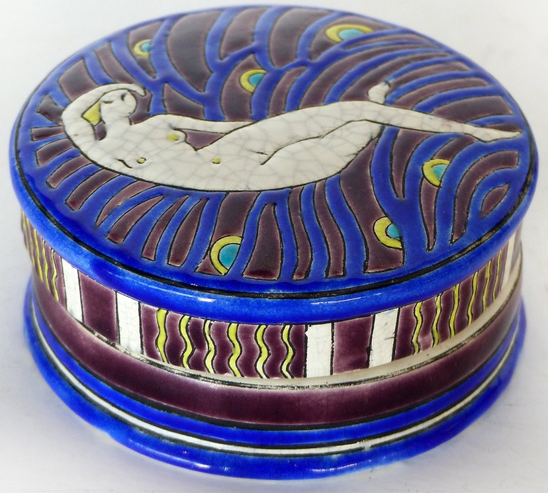 Longwy French Art Deco Lidded Box c. 1920-1930: Longwy French Art Deco lidded box c. 1920-30. Reclining nude figure. W. 3 3/4". H. 1 3/4". Signed Longwy Primavera.