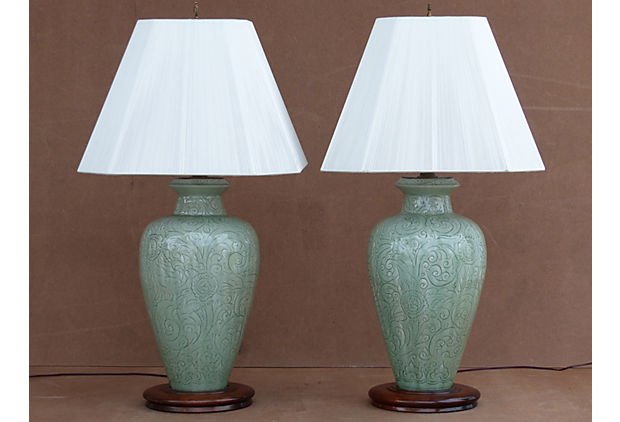 Over-scale Celadon Ceramic Lamps-a Pair (1 of 7)