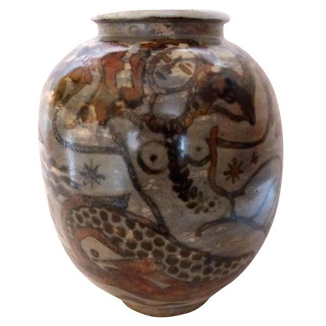 Rene Buthaud French Ceramic Vase c1950: A glazed ceramic vase by French master ceramicist Rene Buthaud dating to approximately 1950. This lovely example is decorated with sea creatures and nudes in a underwater fantasy theme. In original co