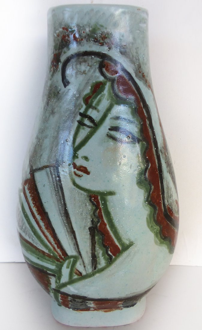 Rene Buthaud French Art Deco Ceramic Vase 1920's: Stunning Rene Buthaud French Art Deco vase with woman and fan among decorative foliage. c. 1920's. H. 13". W. 7". D. 4 1/2". Interlocking "RB" monogram signature.