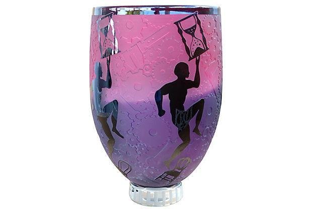 Monumental Art Glass Vessel by Duncan McCellan: A fabulous glass vessel by American artist Duncan McClellan (born 1955). Overlay glass intricately decorated with figures and hourglasses. A great example of the fine artistry of this very coveted Flo
