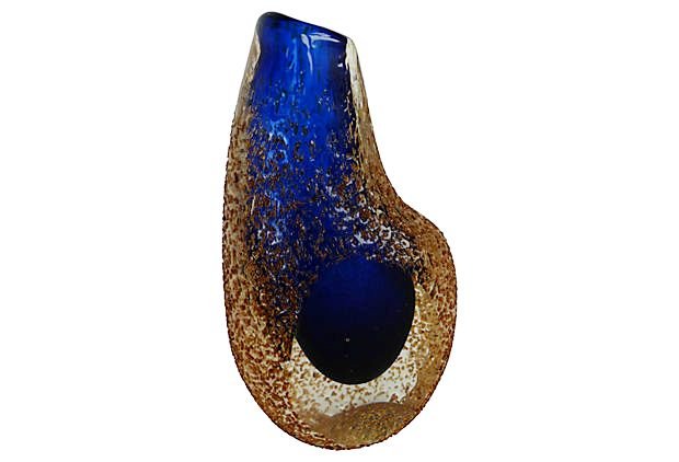 Murano Sommerso Blue & Amber Vase: Murano Sommerso textured vase with exterior sliced front and organic form. 4" L x 3.5" W x 7" H