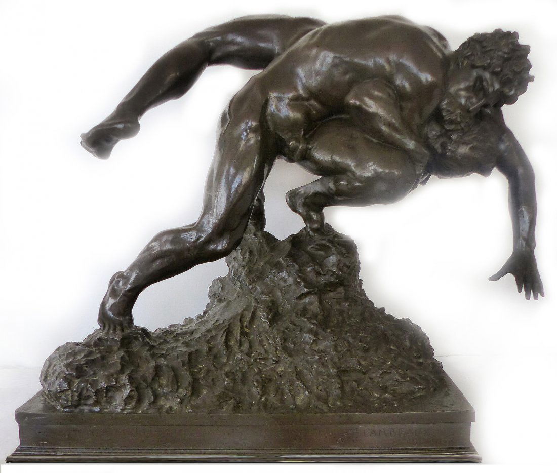 19th-C. Belgian Bronze Wrestlers Sculpture Jef Lambeaux: Large 19th-century Belgian bronze sculpture titled "The Wrestlers" by Jef Lambeaux (Belgian, 1852-1908). Signed on side of base, "Compagnie des Bronzes de Bruxelles." Foundry Mark and Cire Perdue. Lov