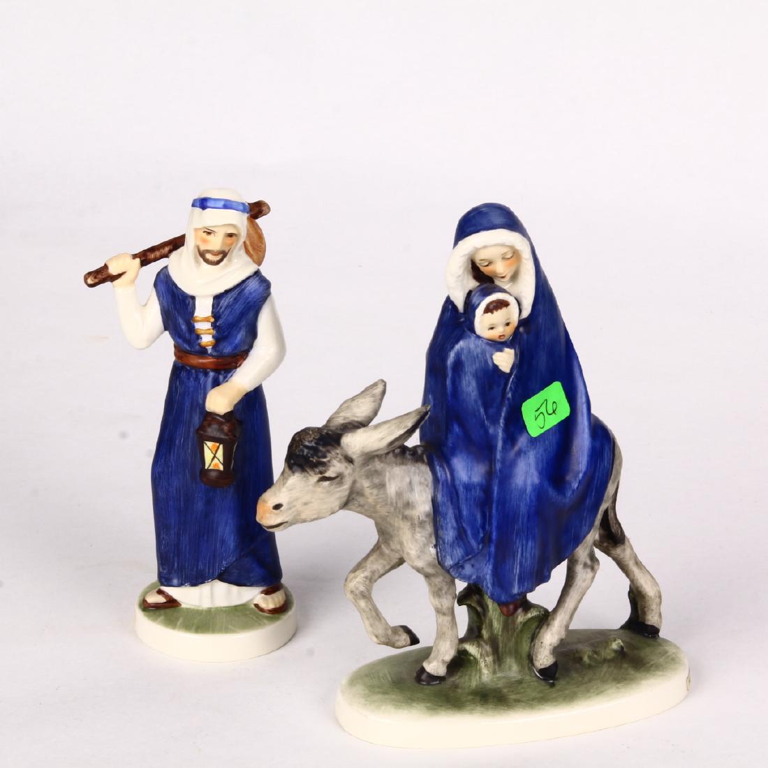 Goebel Robson Mary Baby Jesus Joseph Flight into Egypt: 2 porcelain figurines, St Joseph is marked Goebel West Germany 1961, Mary & Baby Jesus "Flight into Egypt" is marked with TMK4 1959, approx 7"h each
