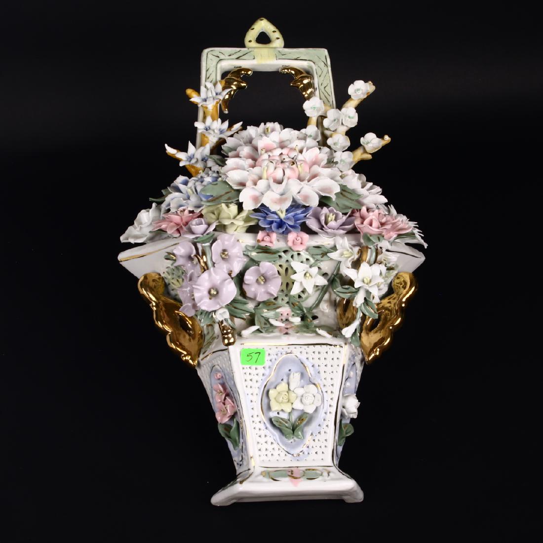 Capodimonte Style Porcelain Flower Basket Wall Hanging