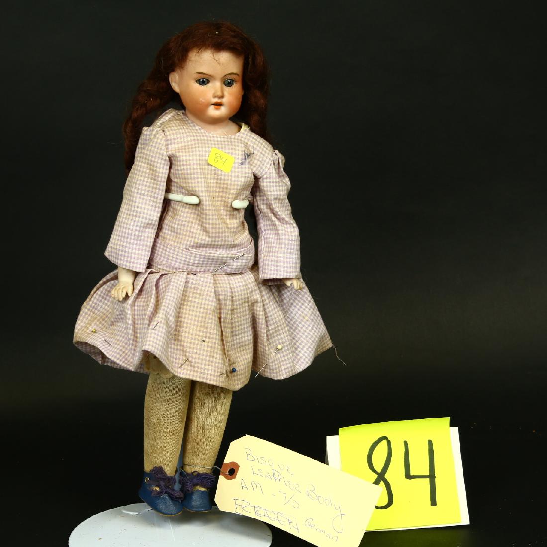 Antique Armand Marseille German Bisque Head Doll: marked A M 7/0, porcelain head, blue sleep eyes, open mouth with teeth, brown braided wig, kid body, porcelain hands