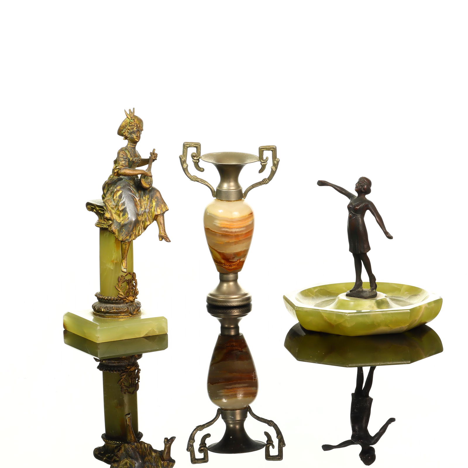 Lot of Three Vintage Collectibles: Marble base ring holder, Small vase in alabaster stone and mandelin player on a pedestal 4.25 in to 7 in tall