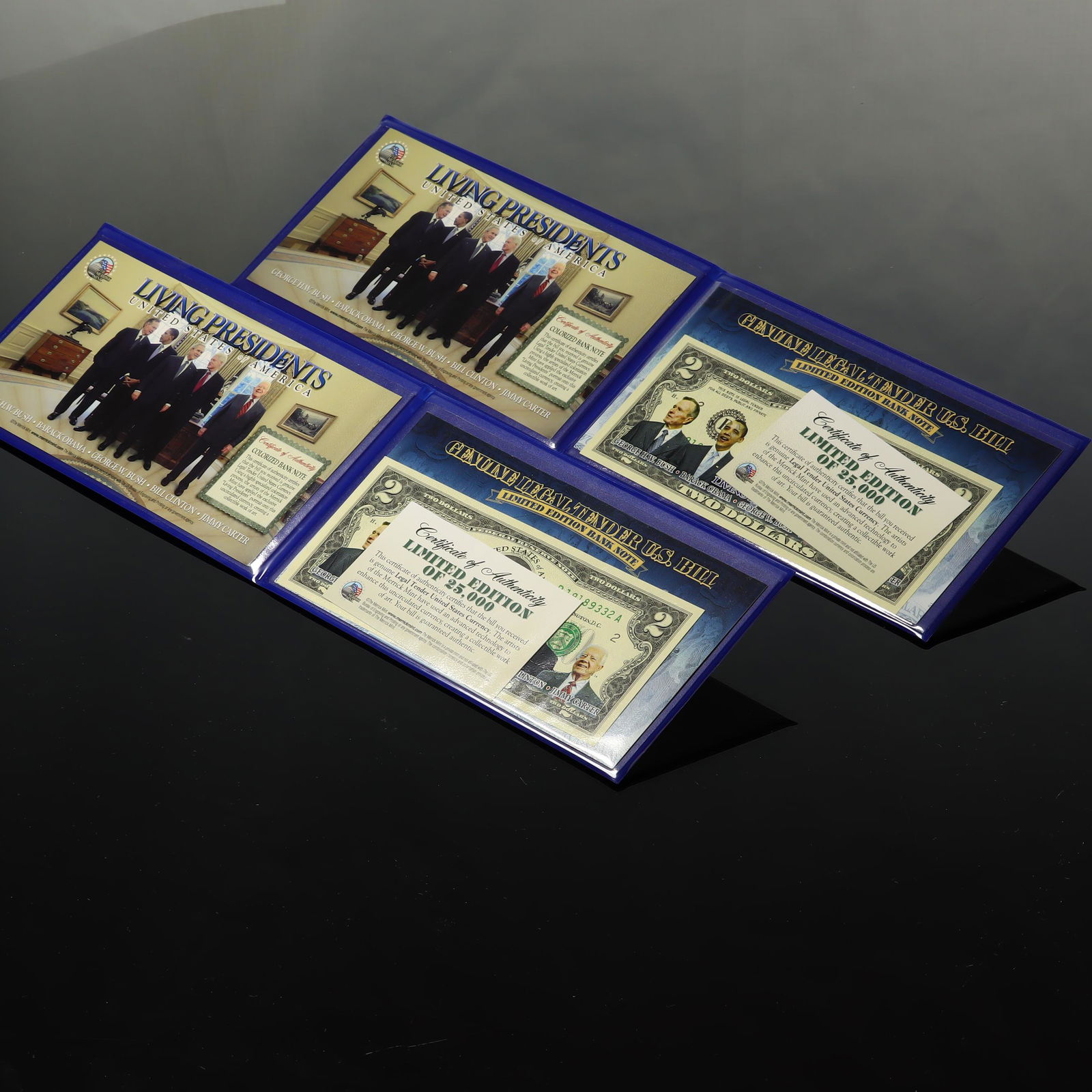 Two Sets of 2 Dollar bills of The Living Presidents: COAs for each Includes Presidents Carter Through Obama