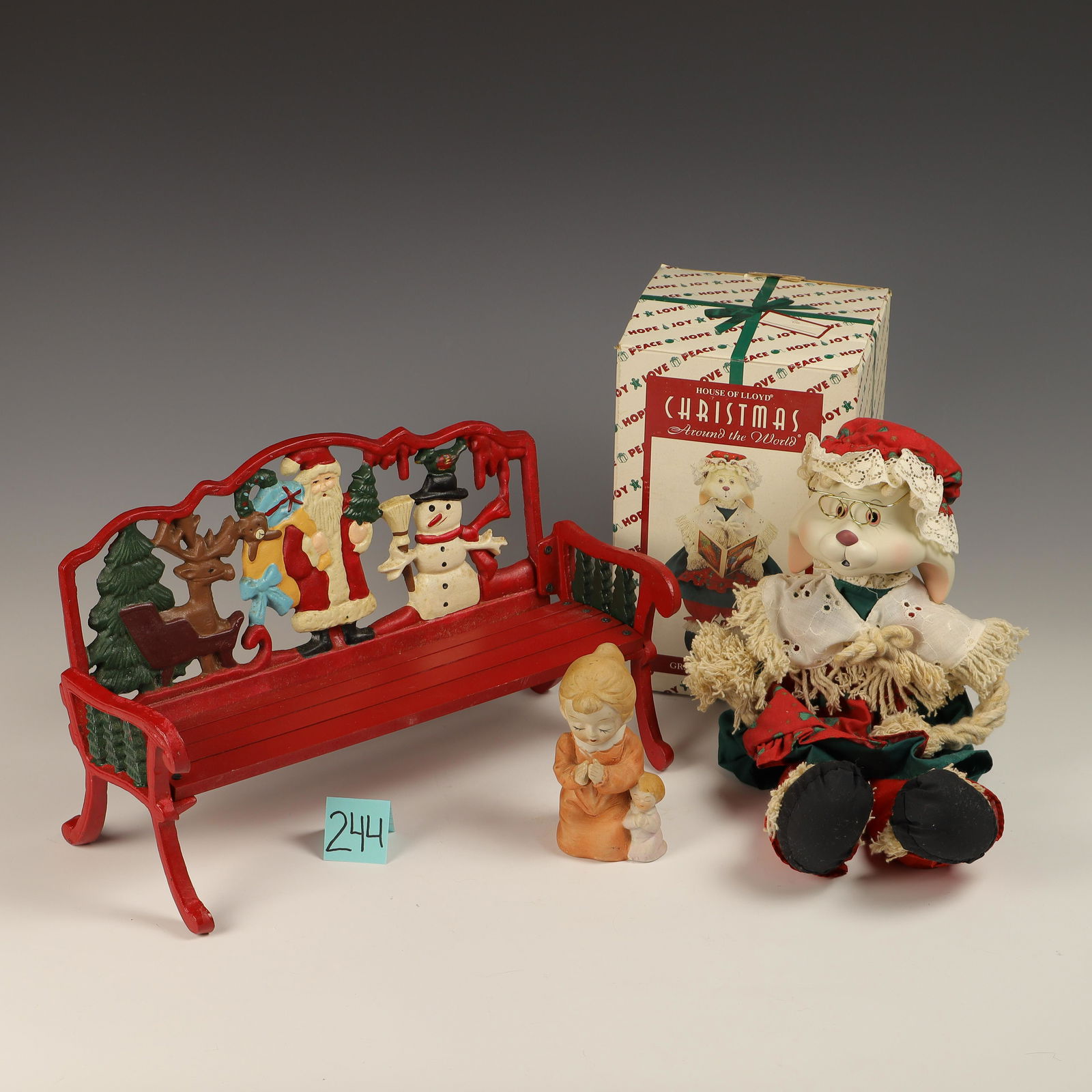 Christmas Lot: Doll Bench, Basket, porcelain figure House of Loyd figure Granny Flo Bunny
