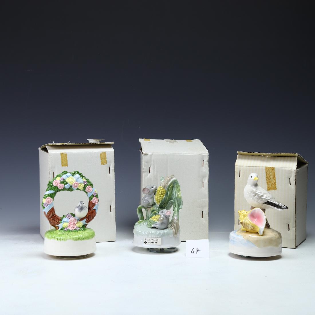 Three Vintage Otagiri handpainted porcelain Musical boxes: Lot of Three Vintage Otagiri handpainted porcelain Musical boxes, Japan, untested, By The Beautiful Sea, Mice with Coen, Bird on a wreath Younger Than Springtime