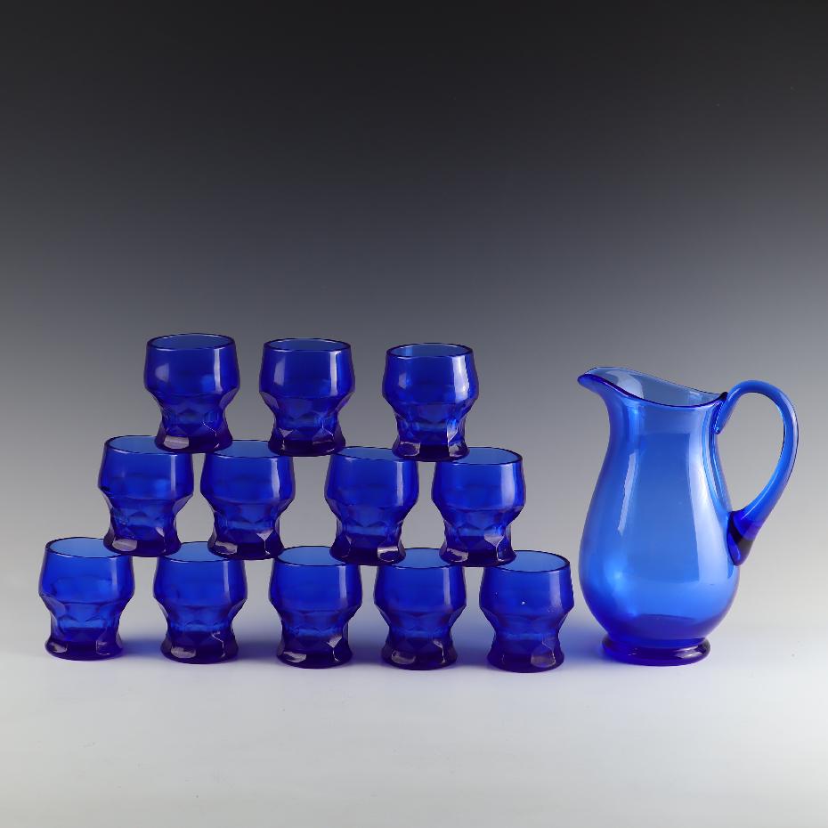 Set Of Vintage Cobalt Blue Wine/water Glasses, Pitcher, And Cordials