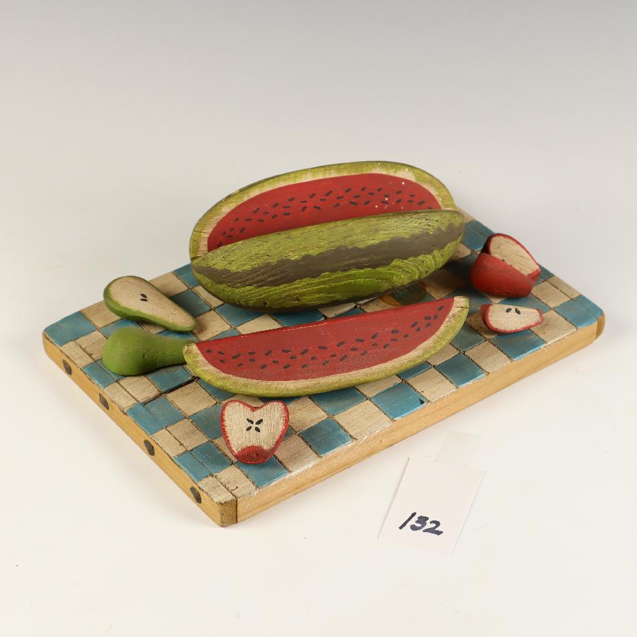 Folk Art watermelon wooden sculpture by Chris Colby dated 1983 (1 of 2)
