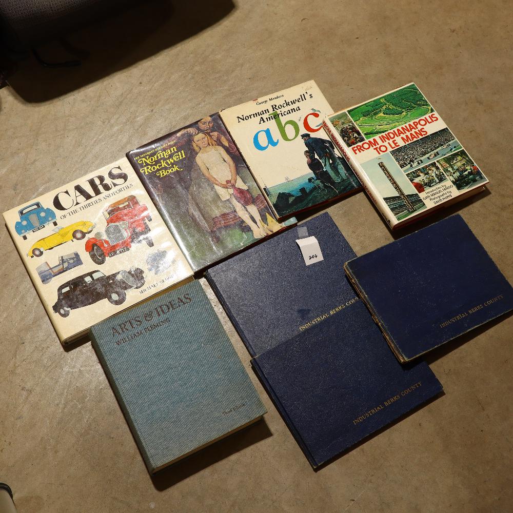 Lot of Books: Norman Rockwell, Cars of the 30s and 40s, Arts and Ideas by William fleming, Industrial Berks county, From Indianapolis to le Mans