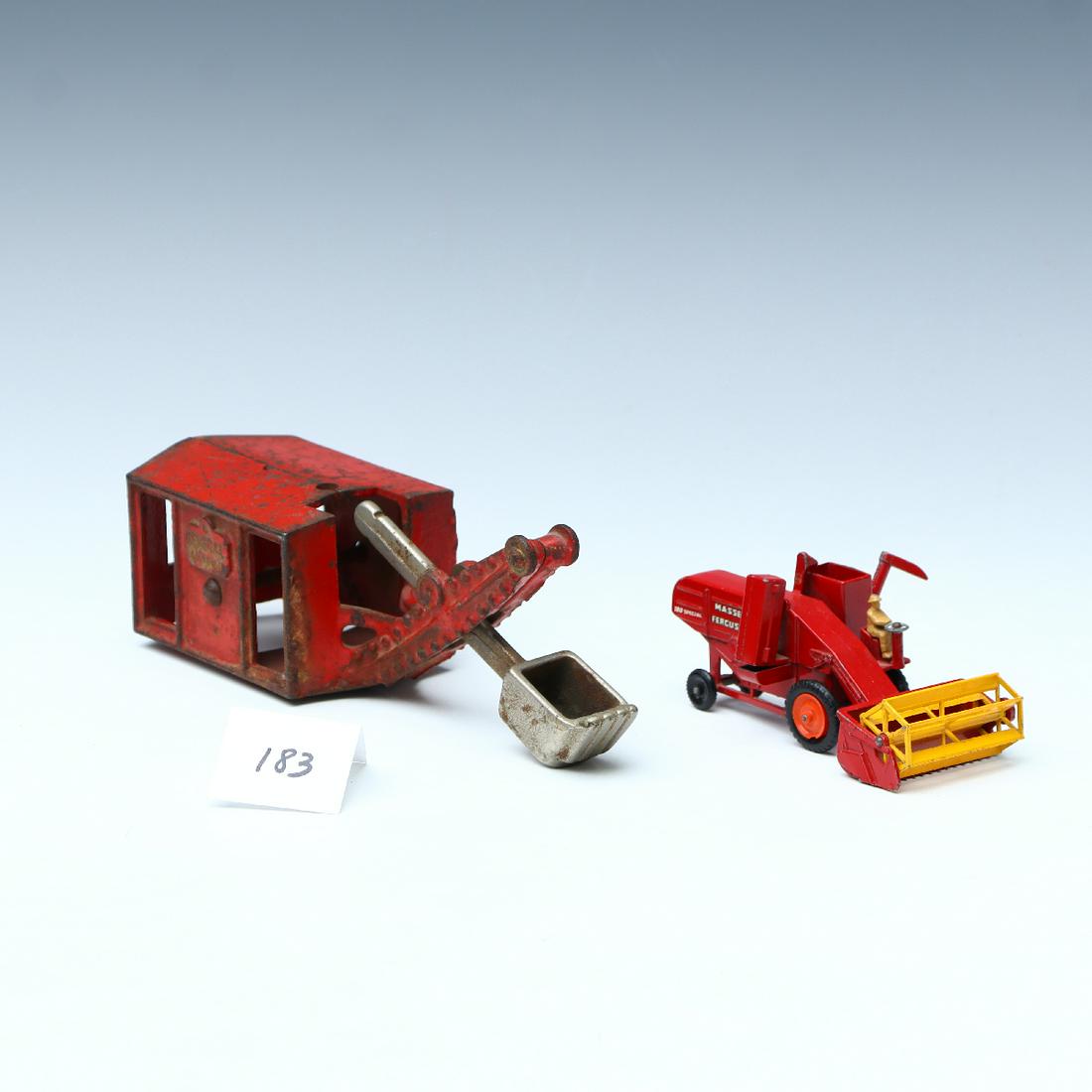 Vintage Hubley red backhoe attachment and a red Massey Ferguson combine England: Vintage Hubley red backhoe attachment 8 inches length and a red Massey Ferguson combine England by Lesney 5 inches length