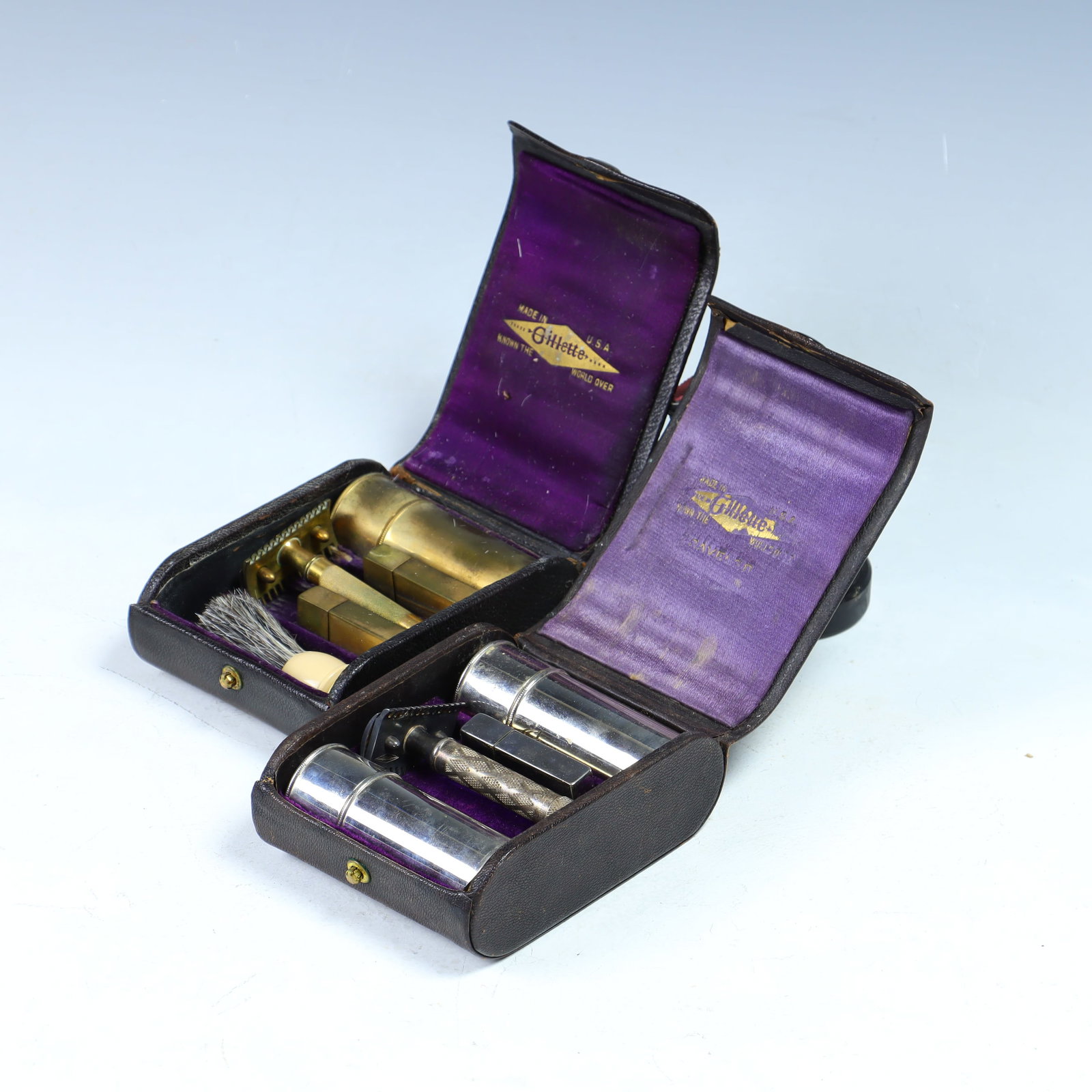 Two antique travel shaving razor kits in leather cases by Gillette (1 of 1)
