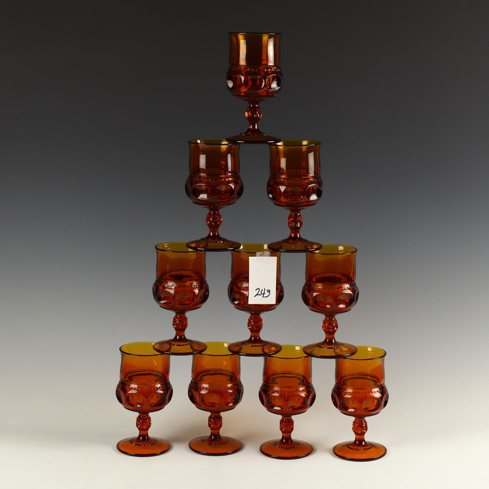 Ten Amber Mid Century wine/water goblets: Ten Amber Mid Century wine/water goblets 5.5 inches tall, 3 inches diameter