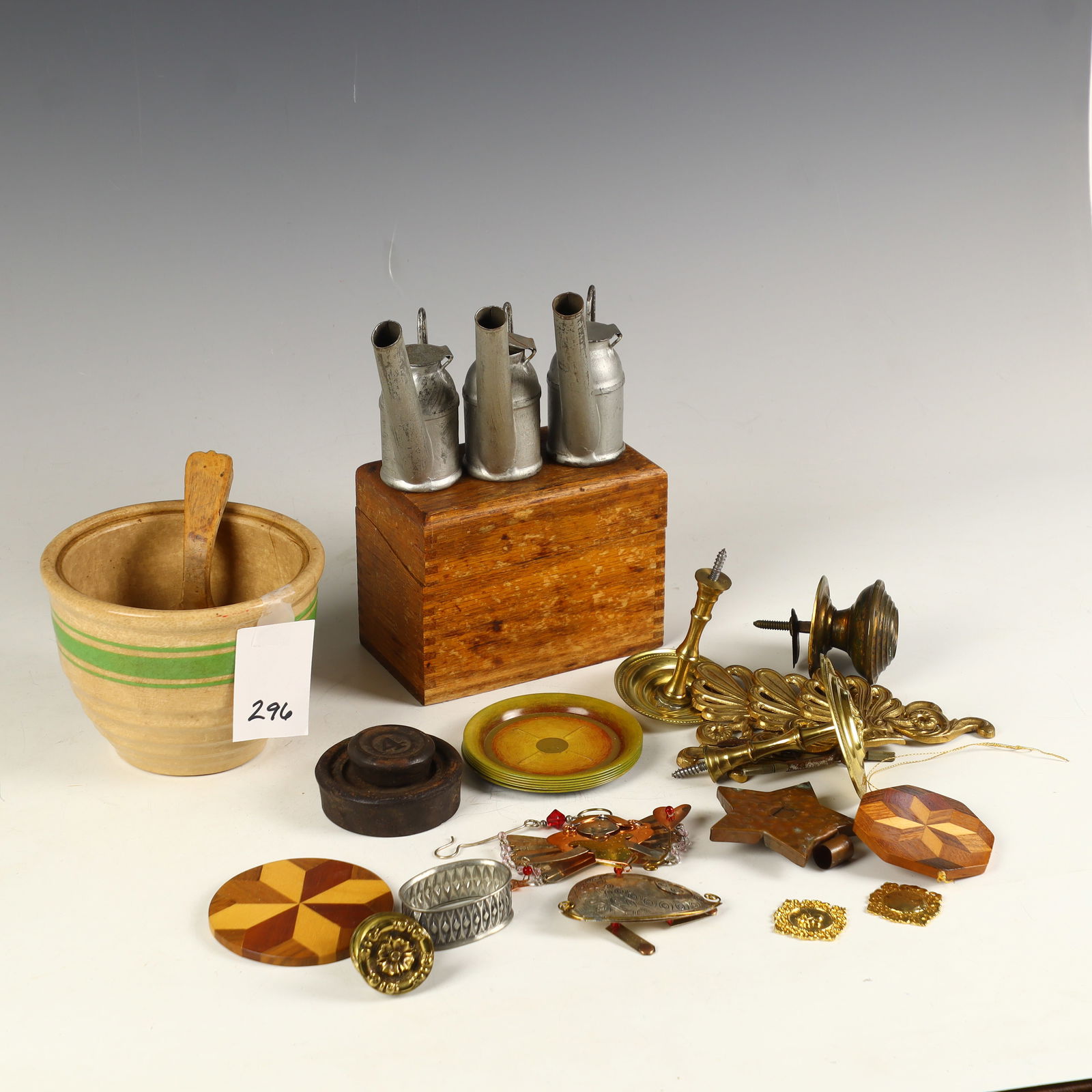 Lot of various vintage items as pictured: Lot of various vintage items as pictured, cast iron weights, dovetailed recipe box, mid century coasters, antique stoneware, and more