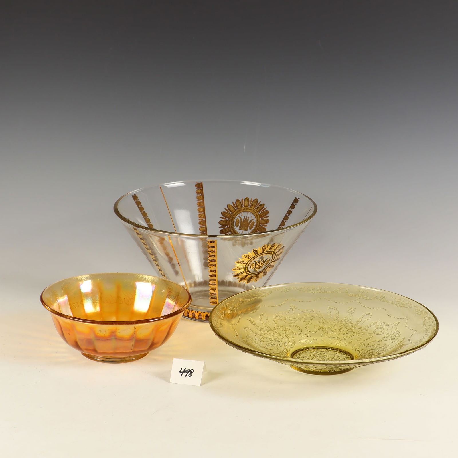 Mid Century George Briard bowl, Citrine bowl, and a carnival bowl: Mid Century George Briard bowl 11X6 inches, Citrine bowl 11 inches diameter, and a carnival bowl Cedar Point 1925 7 ¼ X 3 inches