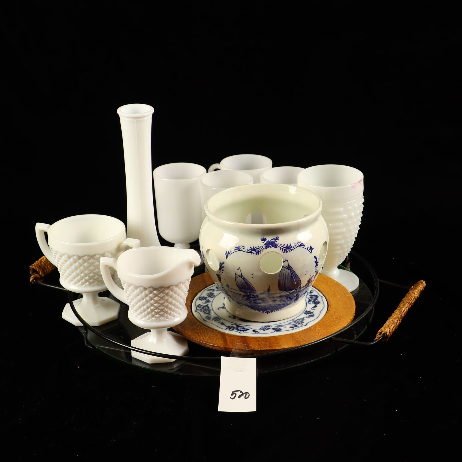 Vintage milk glass lot , Delft pot, and a trivet: Vintage milk glass lot , Delft pot, and a trivet