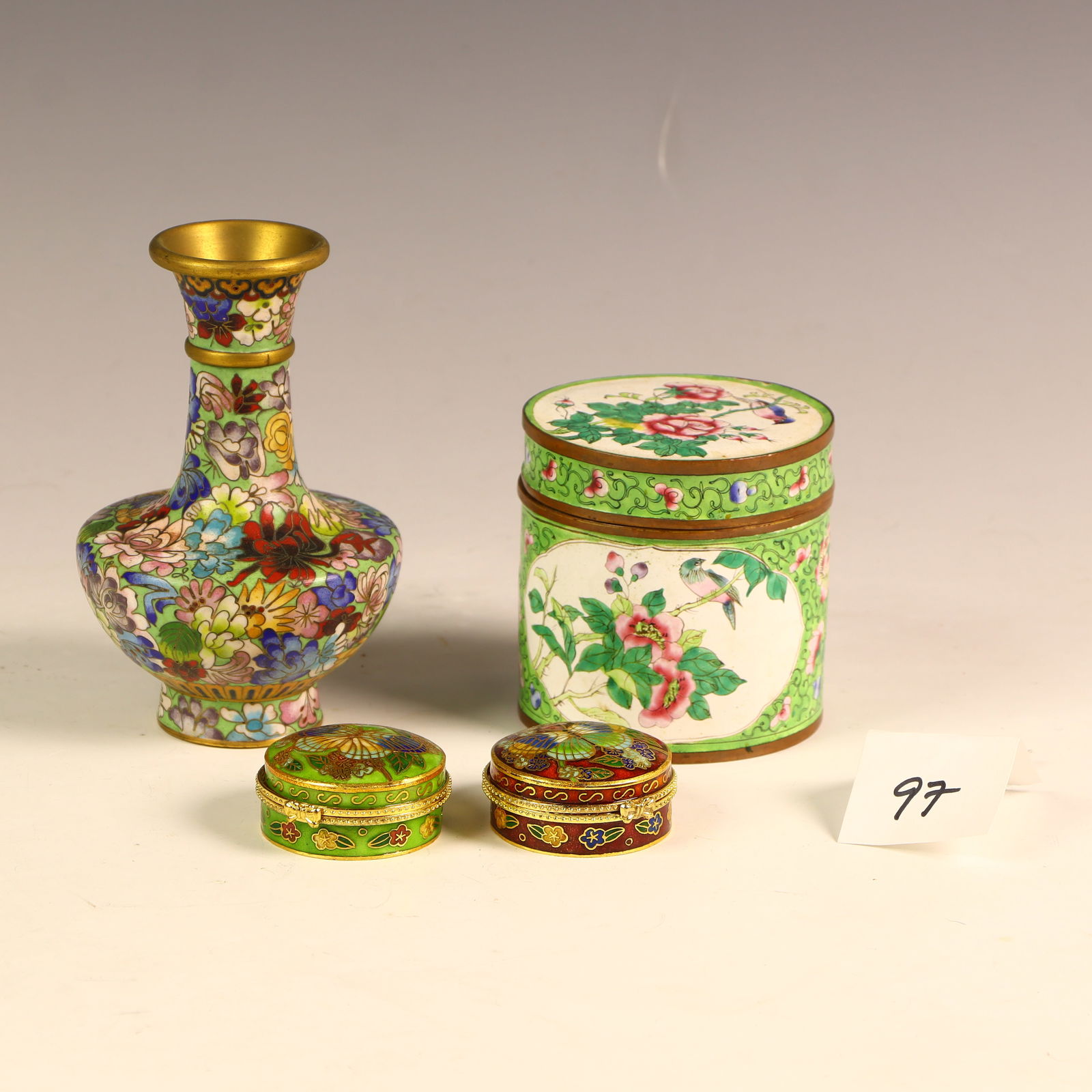 Two vintage cloisonne tea caddy, a vase, and 2 butterfly cloisonne pill boxes (1 of 2)