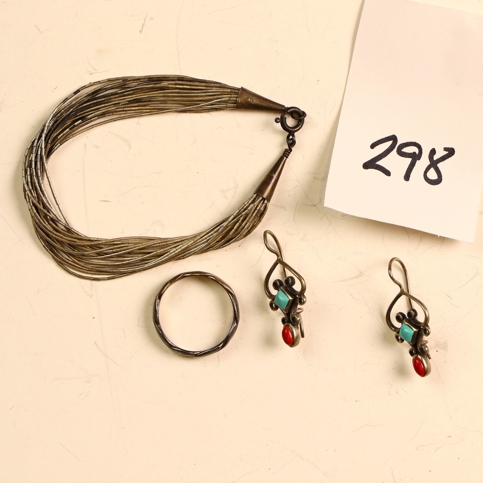 Vintage sterling silver bracelet, ring, and a pair of coral turquoise earrings (1 of 1)