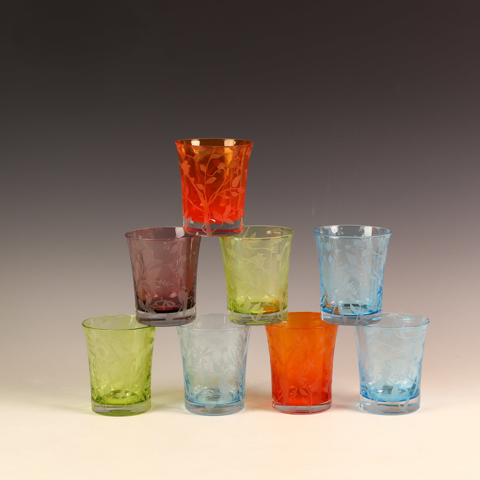 Multicolored glasses by Manorisms China: Multicolored glasses by Manorisms China 4 inches tall, 3.5 inches diameter