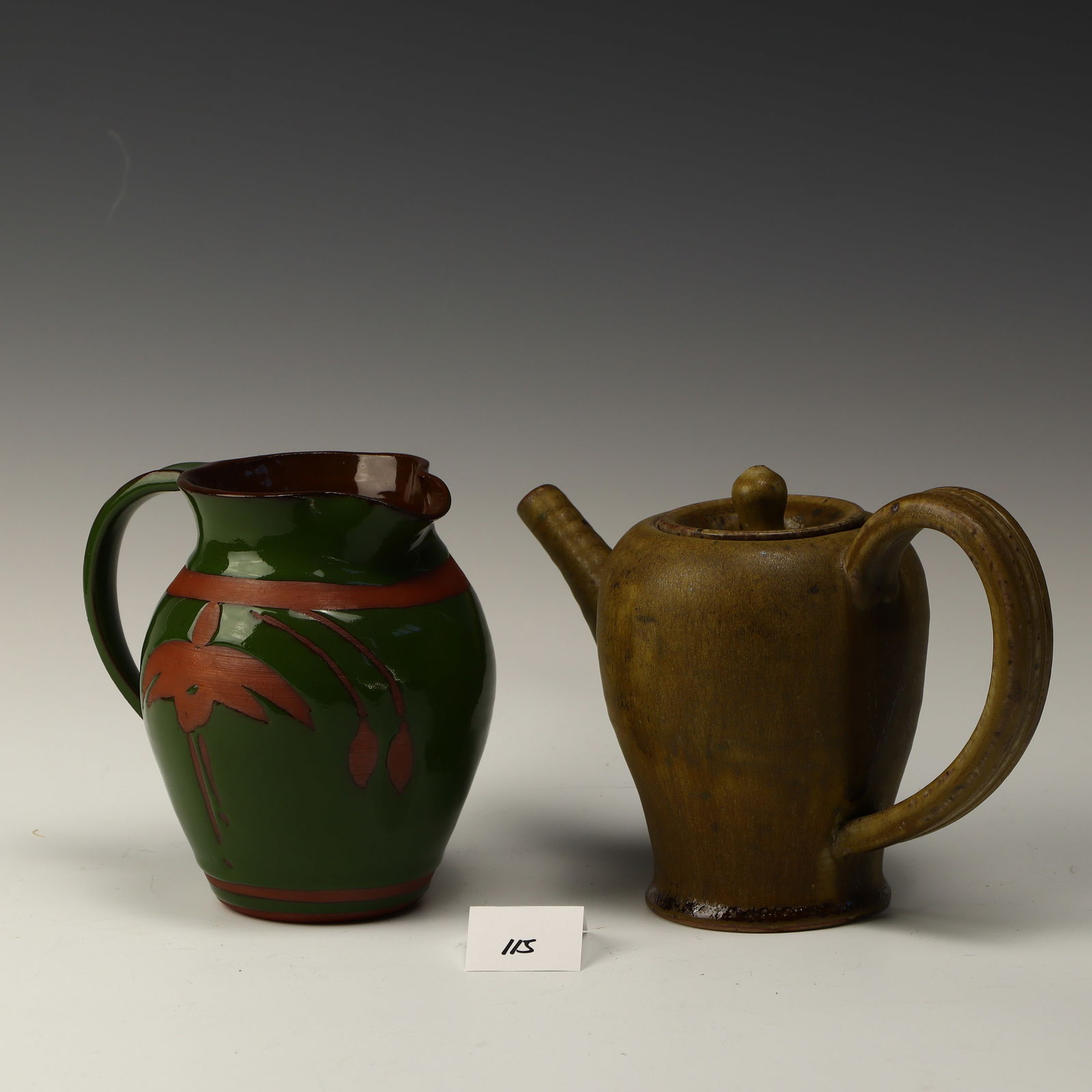 Ann Scaul redware pottery pitcher and a stoneware teapot (1 of 2)