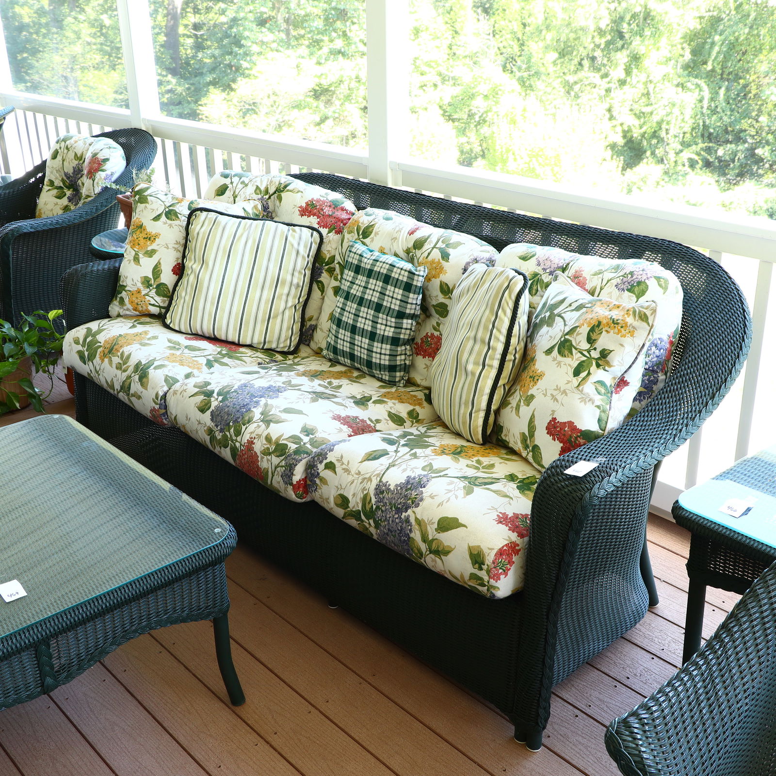 Lloyd Flanders green wicker sofa with cushions (1 of 1)