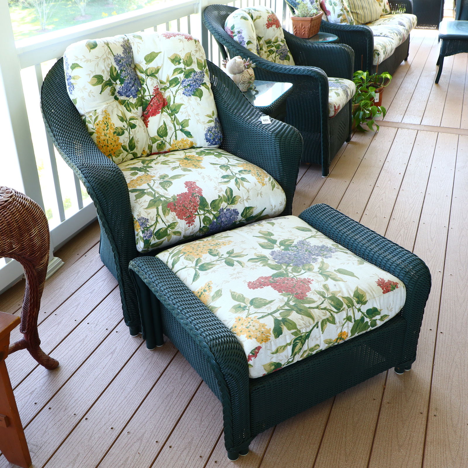 Lloyd Flanders green wicker chair and ottoman (1 of 1)
