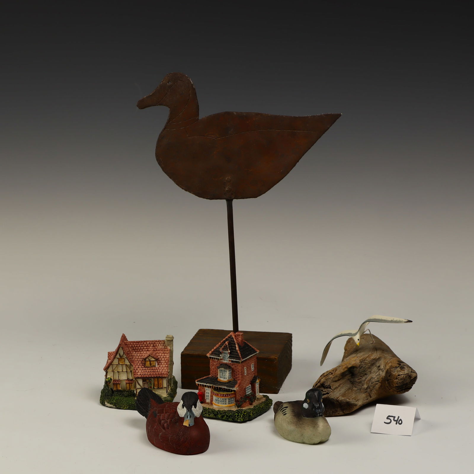Bay Bum Driftwood bird sculpture: Bay Bum Driftwood bird sculpture 7X4 inches, metal wood base duck 12.5X8.5, two resin ducks 5 and 3.5 inches length, two Cornwell Collectors Society Cottages The Old Post Office, and Binglyâ€™s A