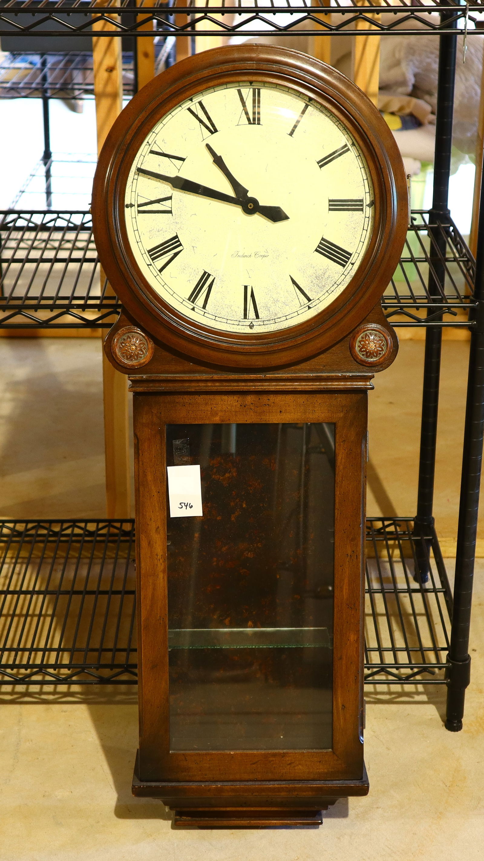 Frederick Cooper wall clock: Frederick Cooper wall clock, 37 inches tall, 14.5 inches wide, depth 5 inches