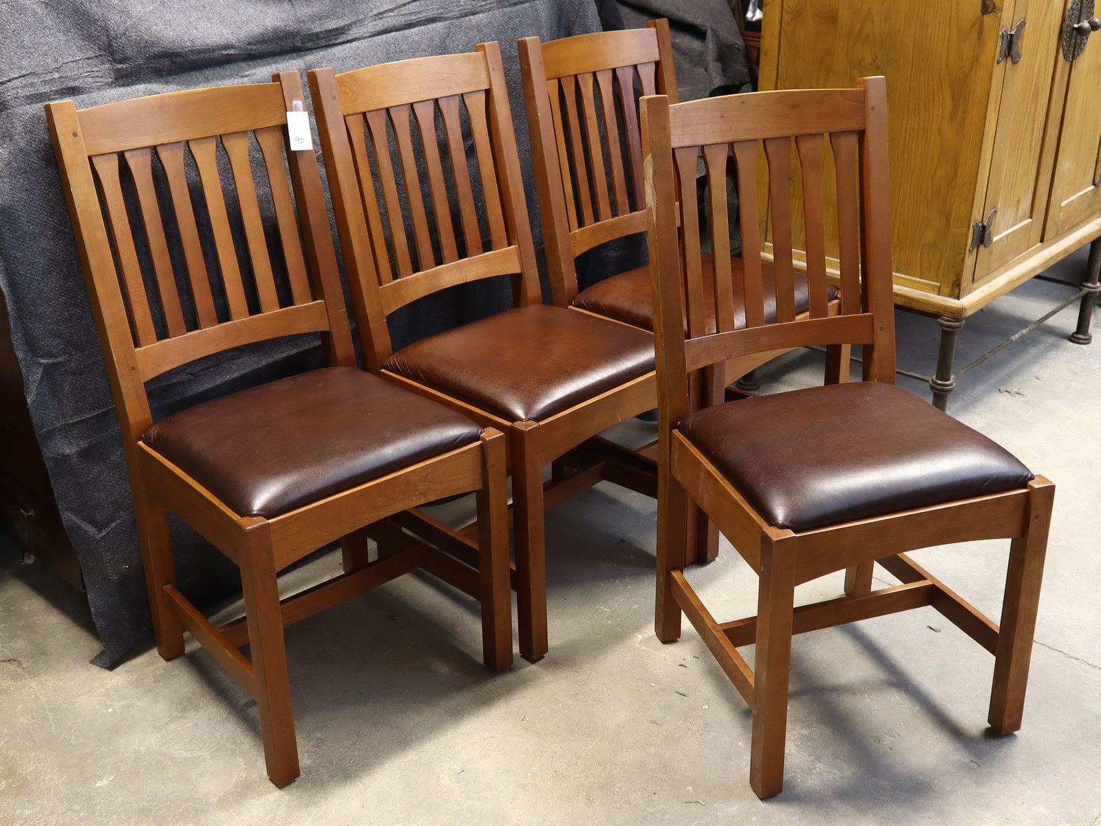 Four Gustav Stickley chairs leather seats: Four Gustav Stickley chairs leather seats, 37.5 inches back height, 19 inches seat height, 18 inches wide, 16 inches depth