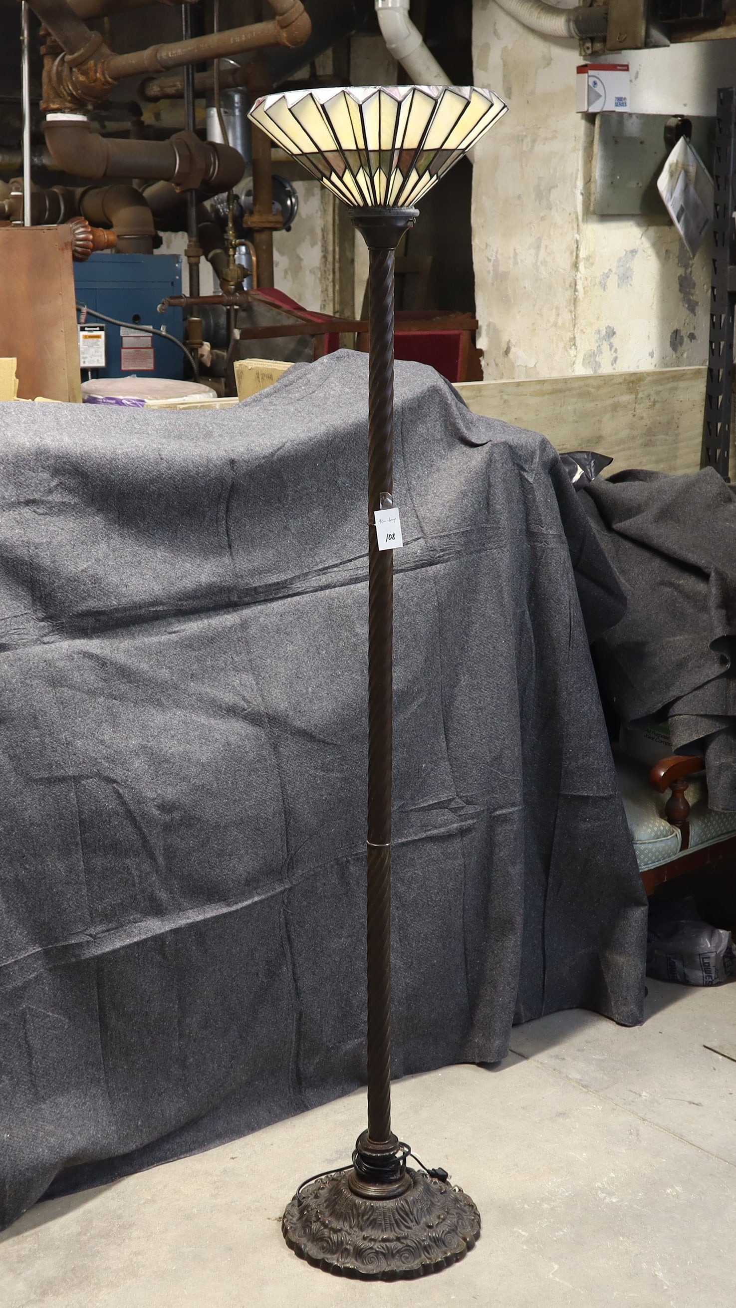 Stained Glass shade floor lamp: Stained Glass shade floor lamp, the glass is thick and heavy, 66 inches tall, shade width is 14.5 inches