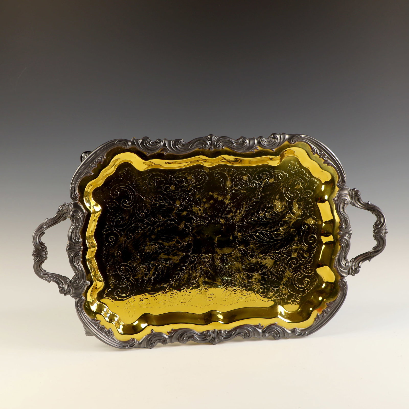Trademark Rogers silver Co 1883 with gold tone edge service platter: Trademark Rogers silver Co 1883 6377 with gold tone edge service platter leaf scrolls design 24.5X15X2.5 inches tall