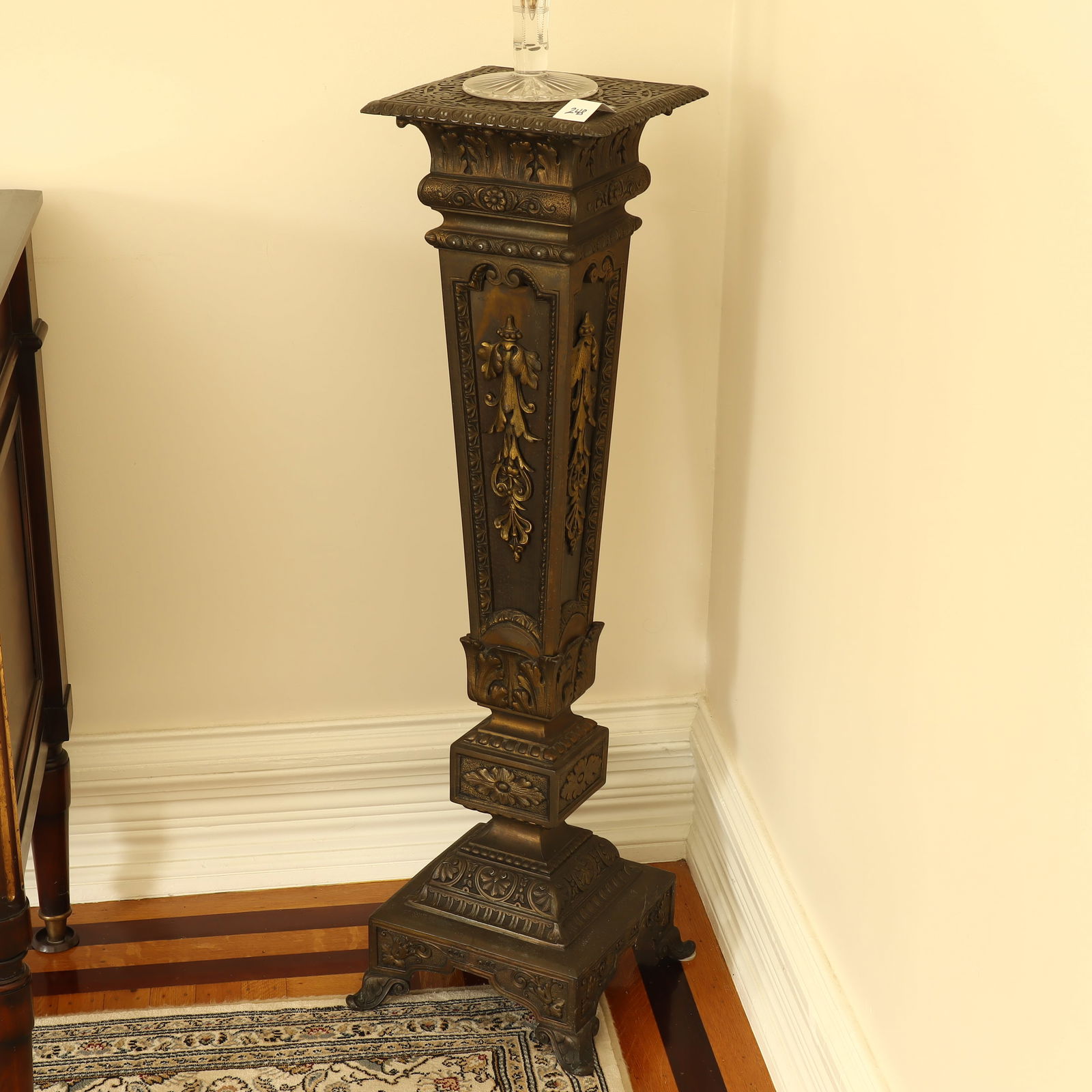 Vintage/antique metal pedestal stand: Vintage/antique metal pedestal stand 40 inches tall, 10 inches square top, base is 12 inches