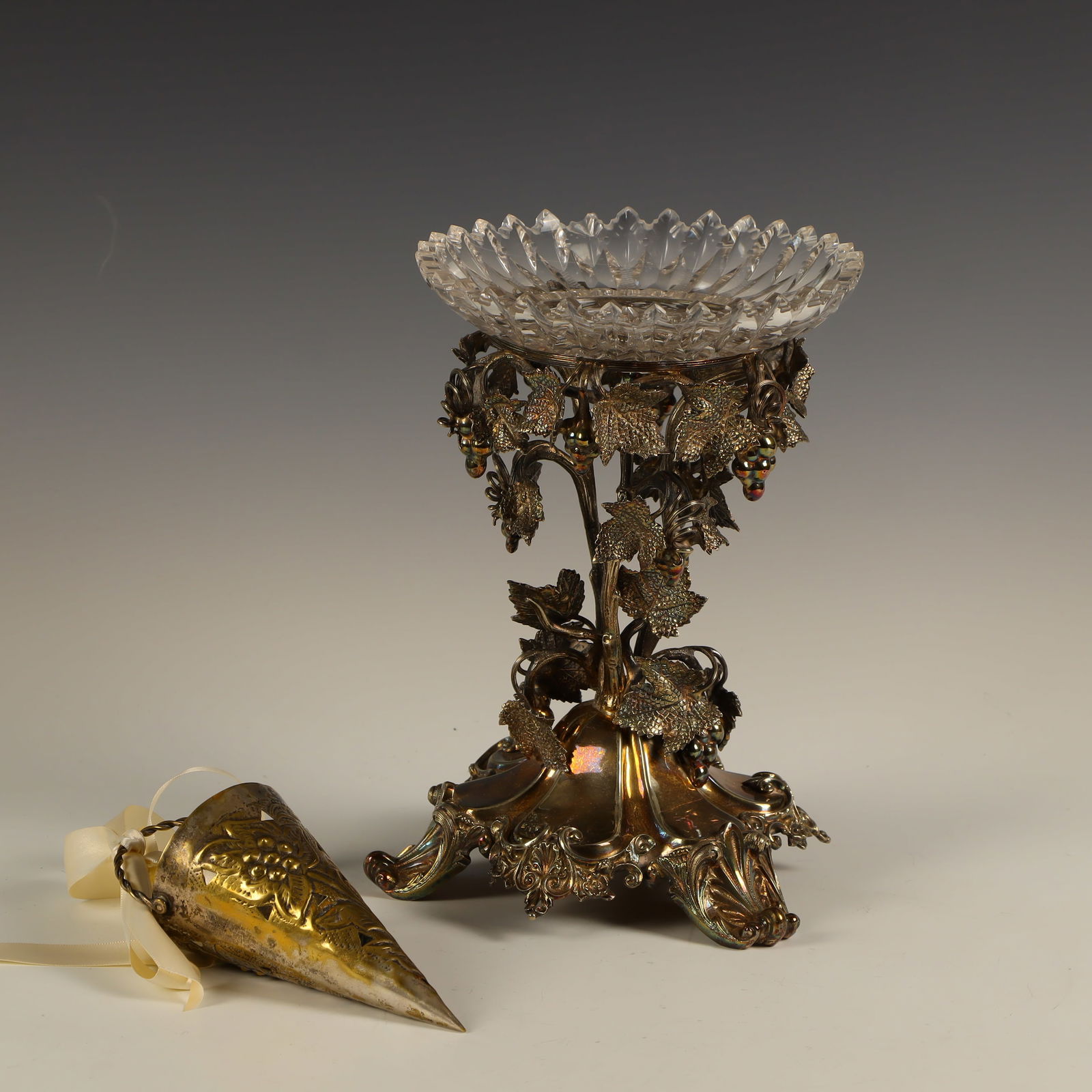 Vintage Grapevine sculptured metal stand with cut crystal bowl and a metal cone shape (1 of 2)