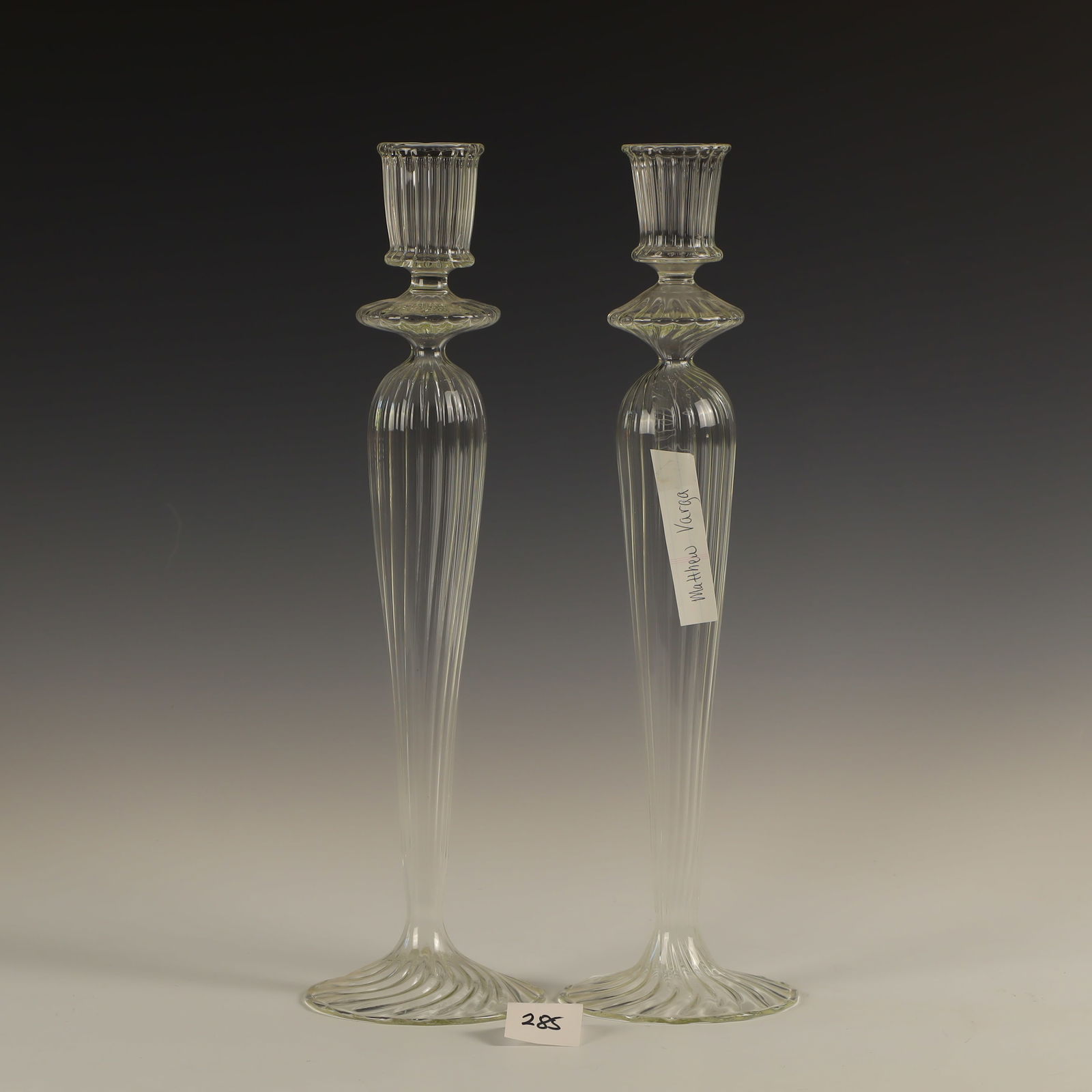 A pair of signed Matthew Varga art glass candlesticks (1 of 3)