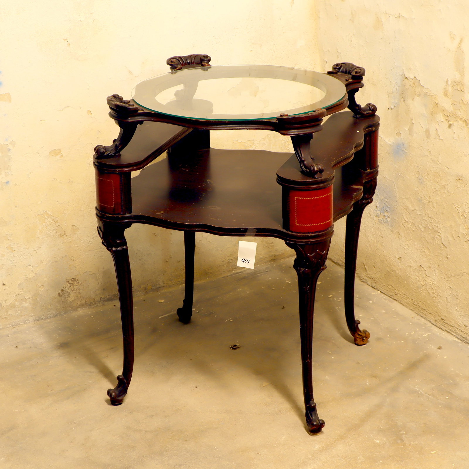 Antique table with glass top: Antique table with glass top, has wear, 22X22 inches, 30 inches tall