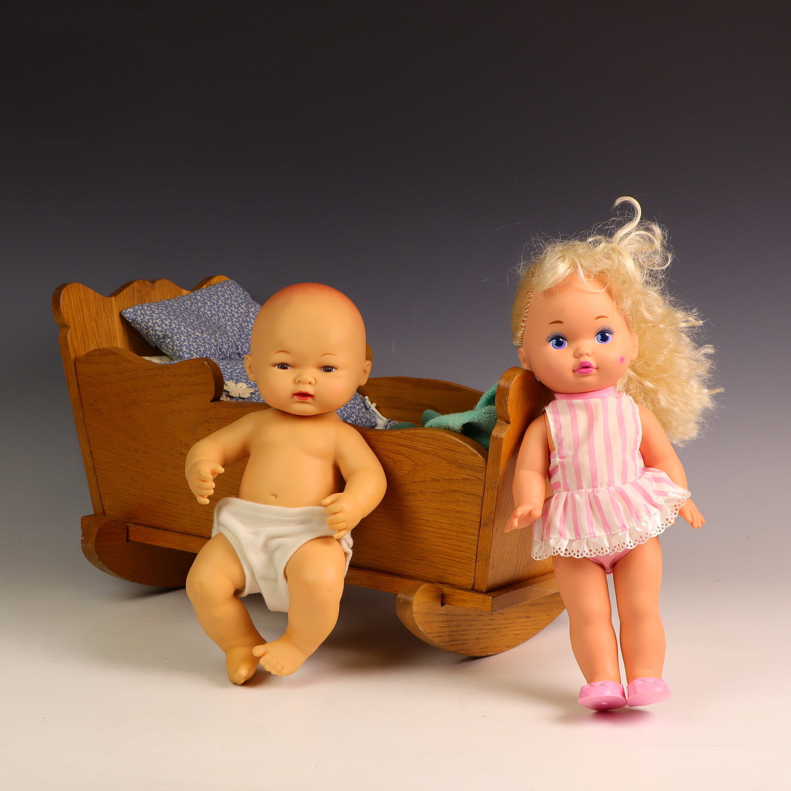Lot of Vintage Dolls and a Doll Cradle: Baby Doll 1982 Little Girl 1988 and a wooden cradle 18x11x10